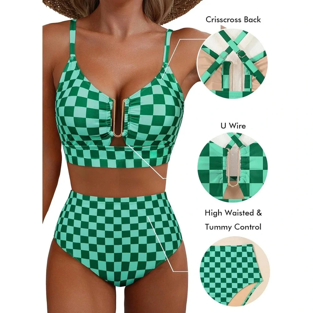 Green Checkered High Waisted Bikini Set U-Wire Crisscross Back Swimsuit XS